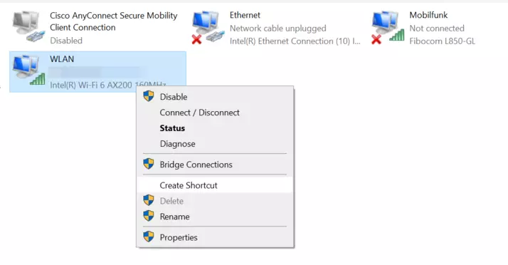 The network connection available, under Windows 10 The network connection available, under Windows 10