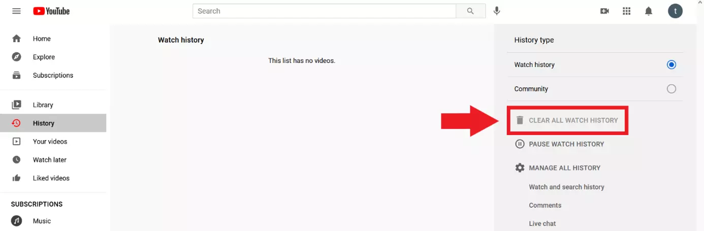 Image: YouTube : Option « Effacer tout l’historique des vidéos regardées »