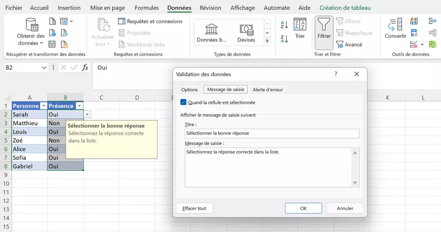 Fenêtre pour la modification du message de saisie Fenêtre pour la modification du message de saisie