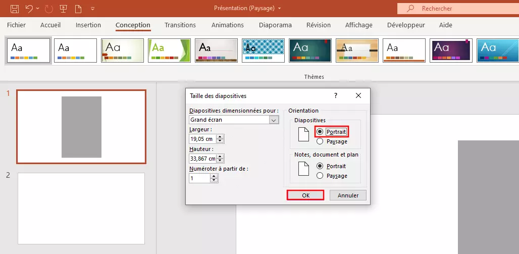 Image: Menu PowerPoint « Taille des diapositives » : orientation portrait