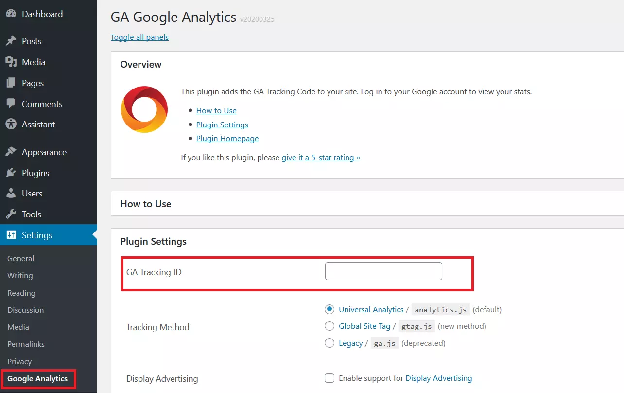 Paramètres du plugin « GA Google Analytics »