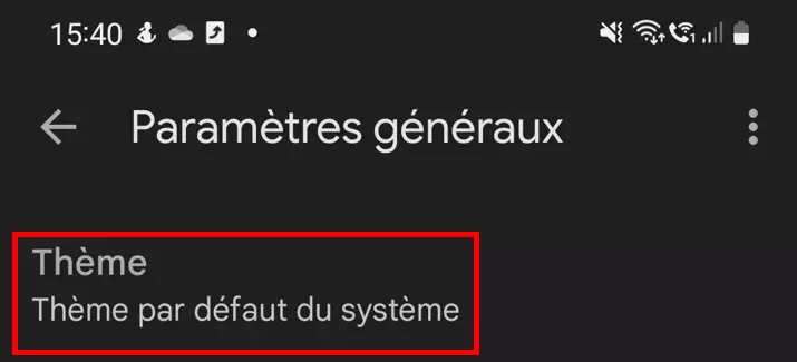 Image: Élément « Thème » du menu « Paramètres généraux »