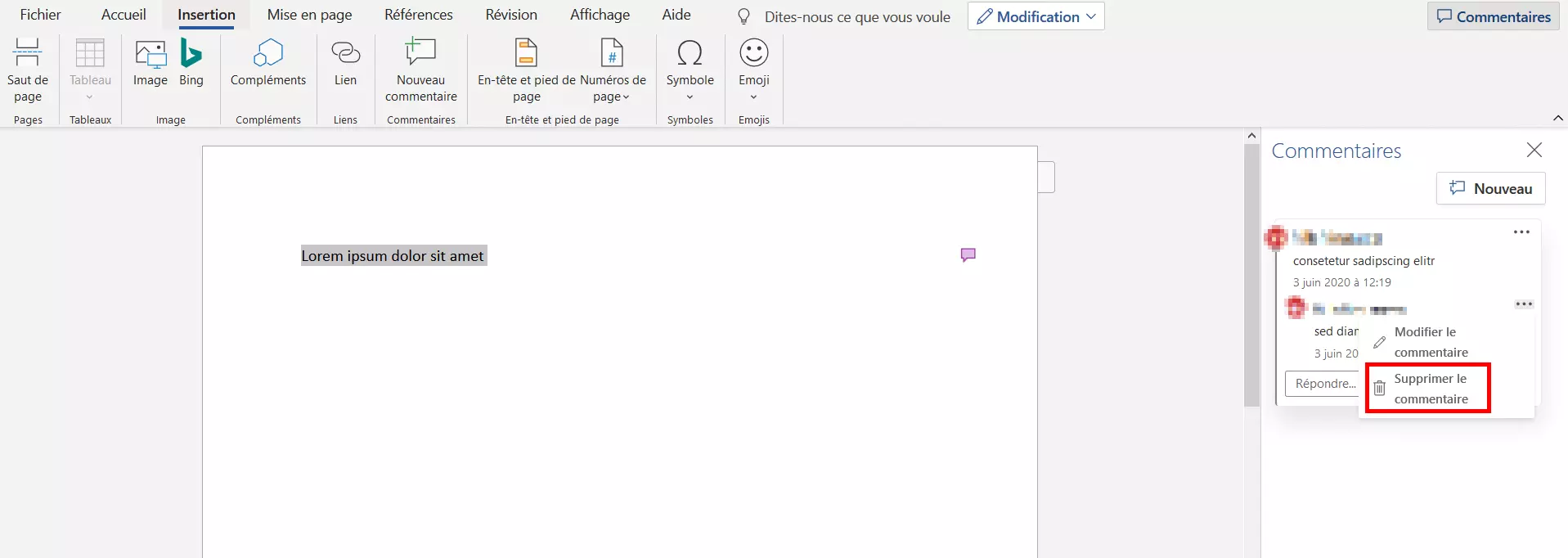 Image: Supprimer un commentaire inséré dans Word 2016