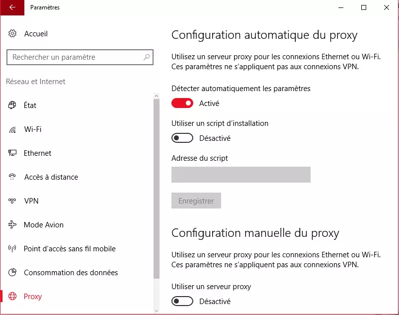 Image: Onglet « Proxy » sous Windows 10