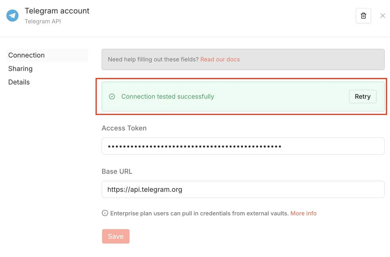 Tester les credentials Telegram Image: Tester les credentials Telegram