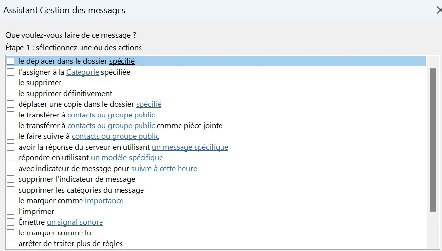 Image: Assistant de règles d’Outlook : sélection de l’action
