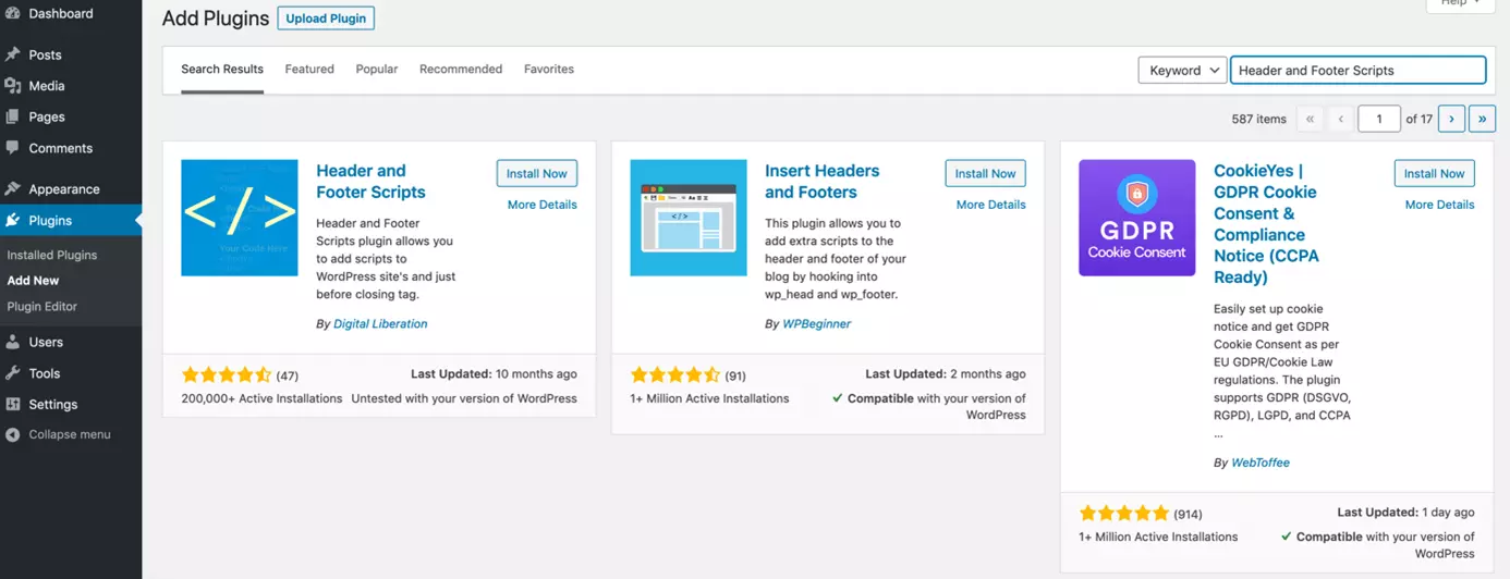 Image: Recherchez le plugin Header and Footer Scripts