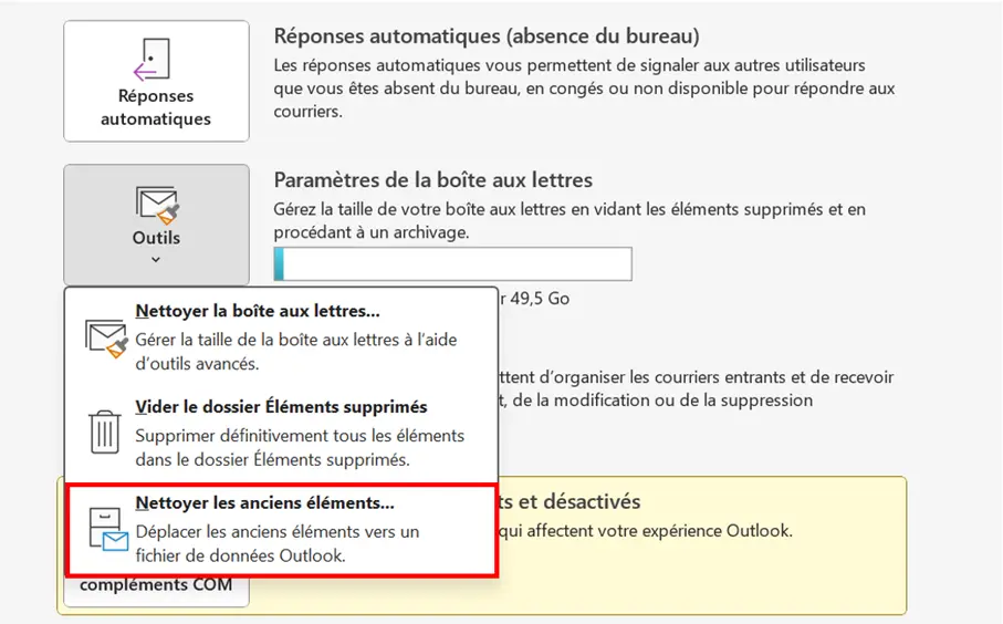 Microsoft Outlook : bouton « Outils de nettoyage » Image: Microsoft Outlook : bouton « Outils de nettoyage »