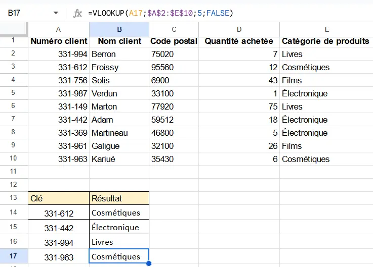 Image: Résultats de la RECHERCHEV dans Google Sheets