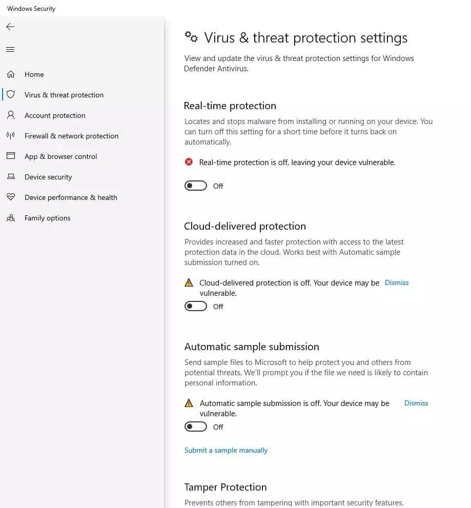 Image: Avertissements lors de la désactivation de Windows Defender