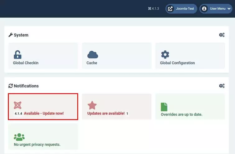 Image: Tableau de bord Joomla : nouvelle version de Joomla disponible