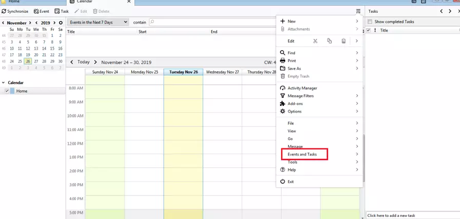 Image: Dans l’agenda Thunderbird, sélectionnez « Événements et tâches »