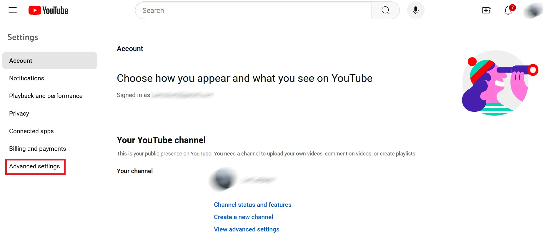 Image: « Paramètres avancés » dans les paramètres YouTube