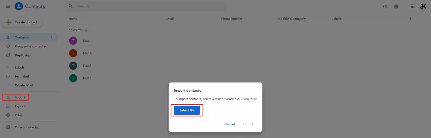 Image: Google Contacts : « Importer »