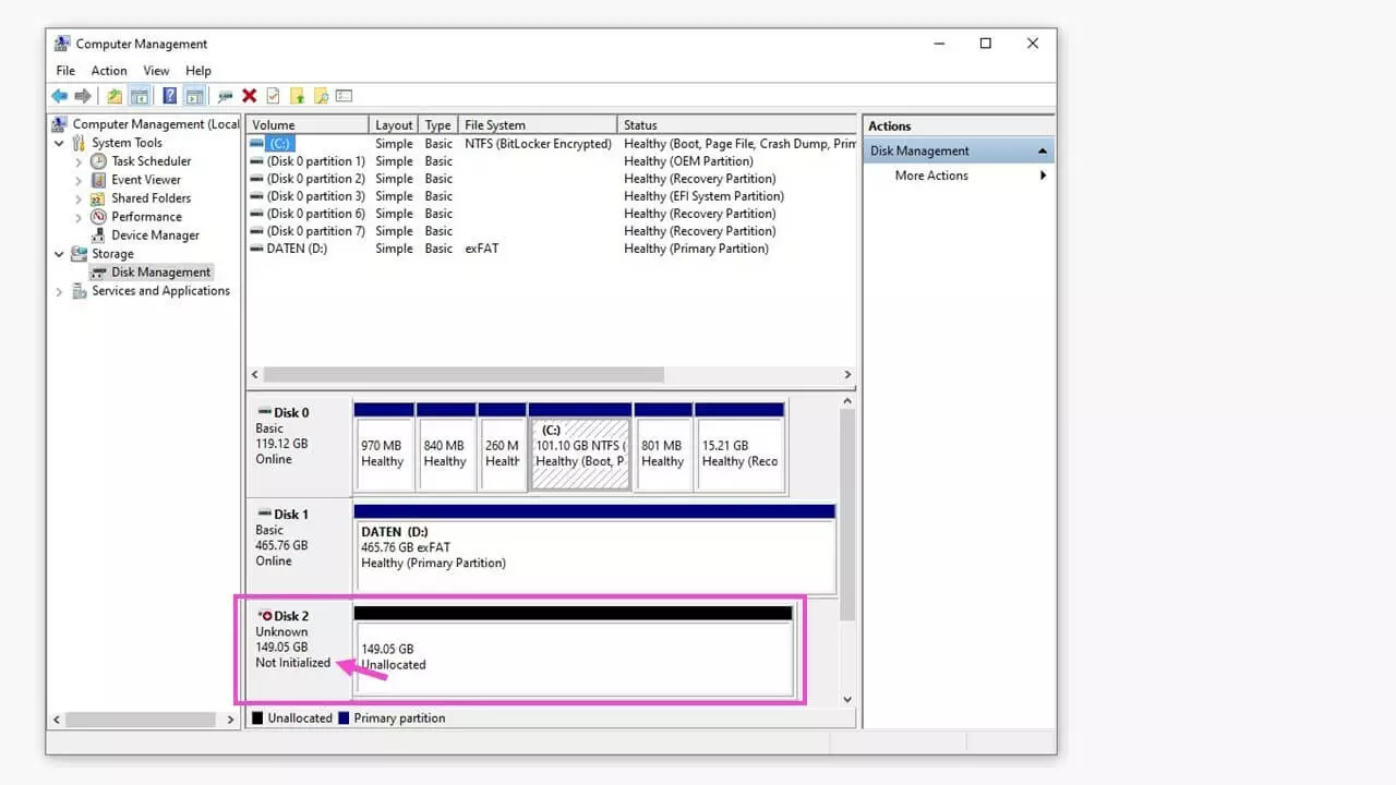 Image: Gestion des disques Windows avec un lecteur non initialisé 
