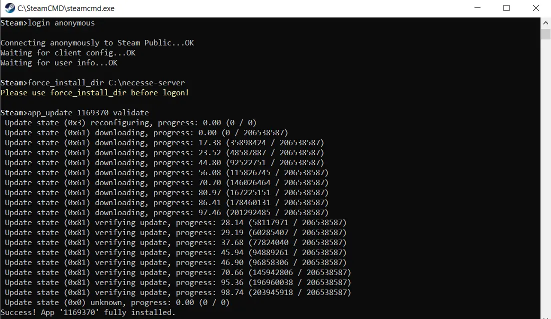 Image: SteamCMD: Installation of the “Necesse Dedicated Server” app