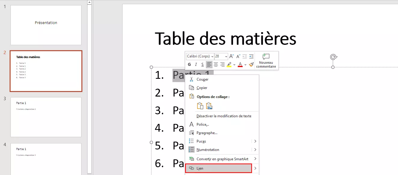 Image: Connecter la table des matières PowerPoint avec le contenu de la présentation : création des liens hypertextes