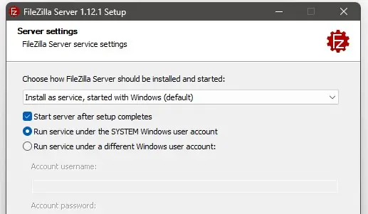 Image: FileZilla server settings with port number