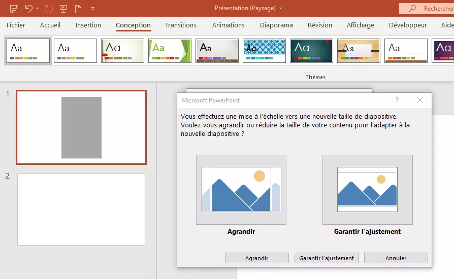 Image: Fenêtre de dialogue PowerPoint : mise à l’échelle lors de la modification d’orientation
