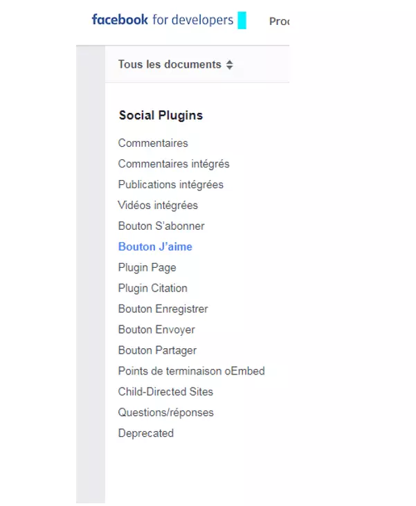Image: Menu de navigation „Plug-ins sociaux“ sur Facebook développeurs