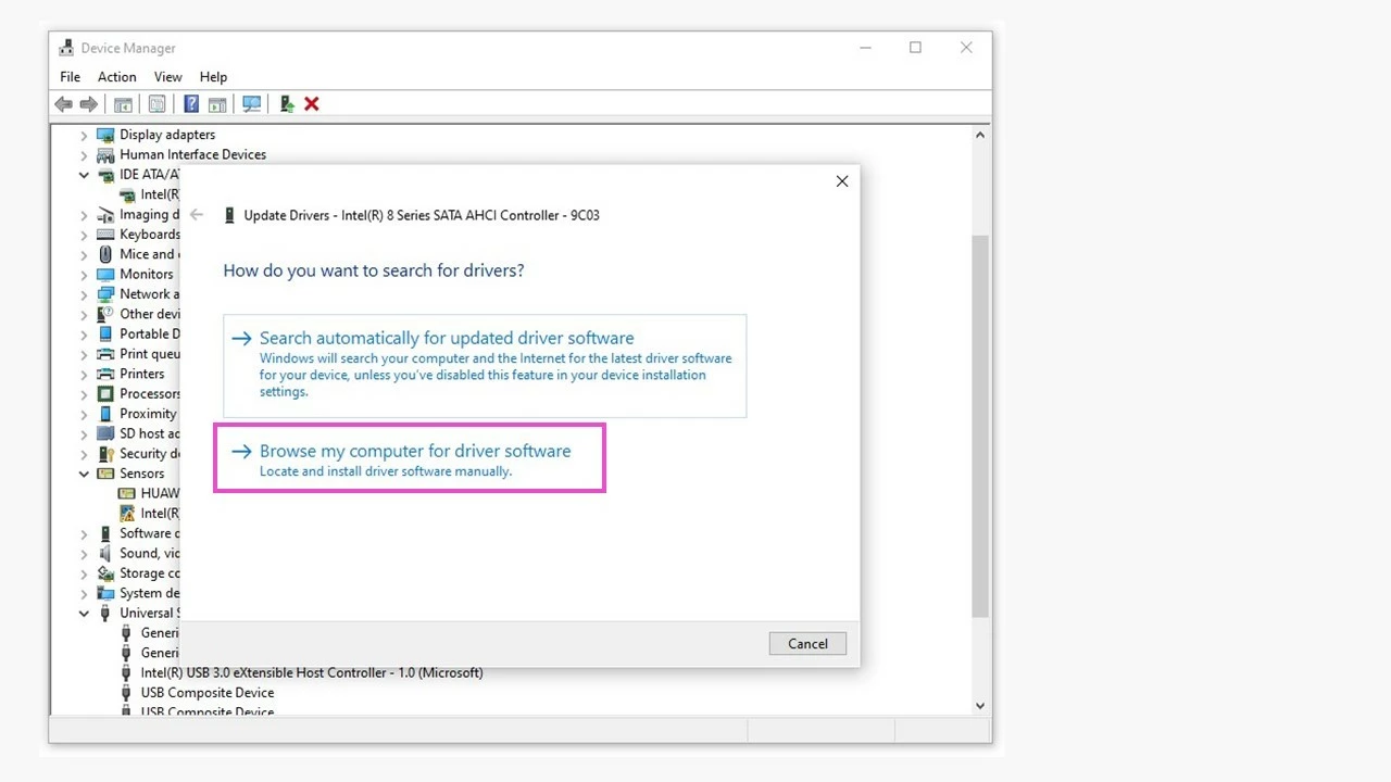 Image: Installation manuelle de pilotes dans le Gestionnaire de périphériques Windows
