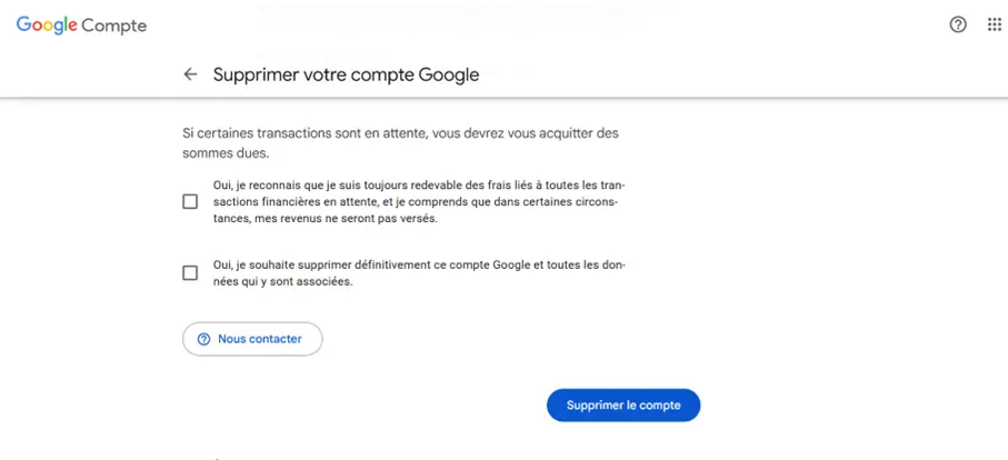 Image: Suppression du compte Google : formulaire de confirmation