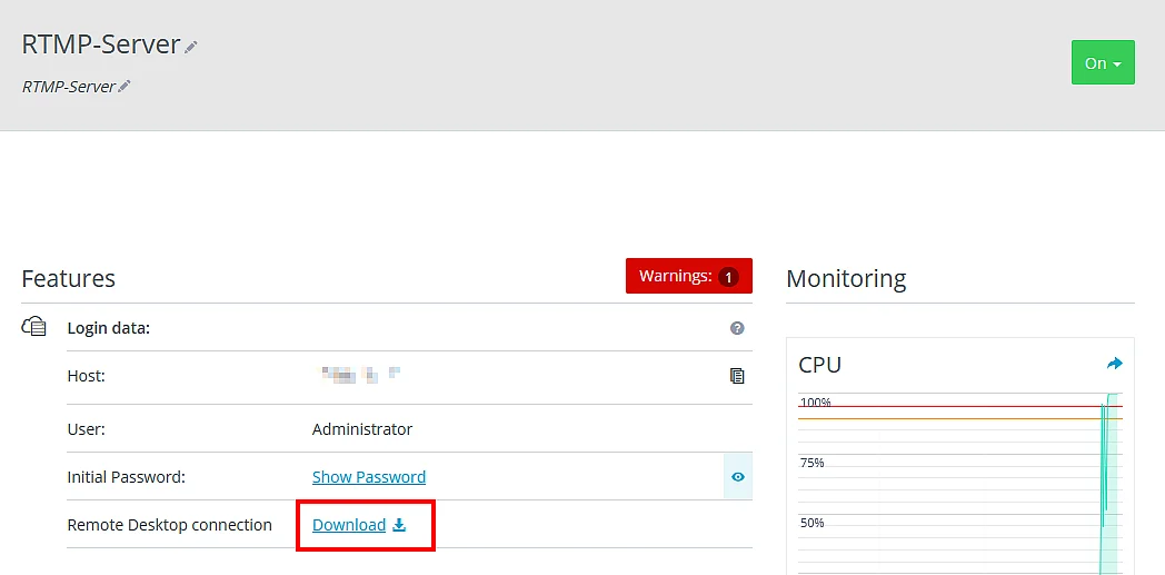 Cloud Panel de IONOS pour un serveur RTMP Image: Cloud Panel de IONOS pour un serveur RTMP