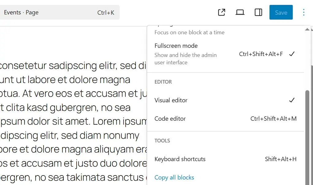 Image: Capture d&rsquo;&eacute;cran de l&rsquo;&eacute;diteur Gutenberg : &laquo; Copier tous les blocs &raquo;