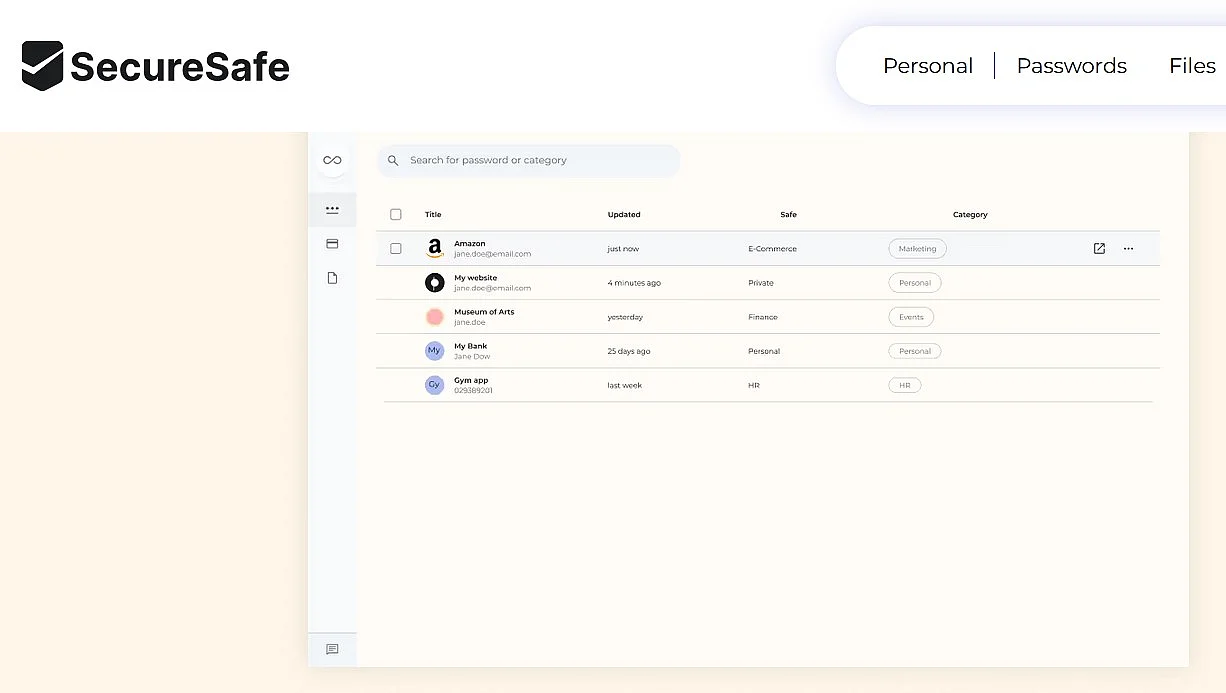SecureSafe : vue d’ensemble des dossiers Image: SecureSafe : vue d’ensemble des dossiers