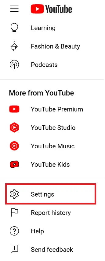 Image: Sous-menu « Paramètres » de YouTube