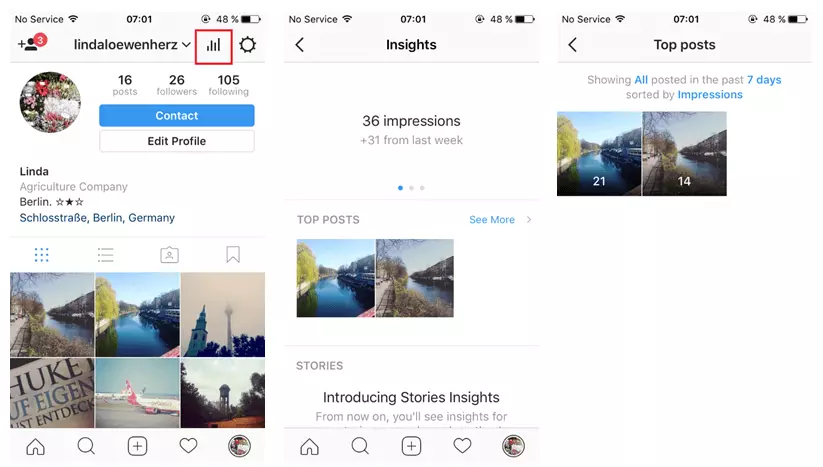 Image: Vue d’un profil dans l’application Instagram avec le symbole des statistiques