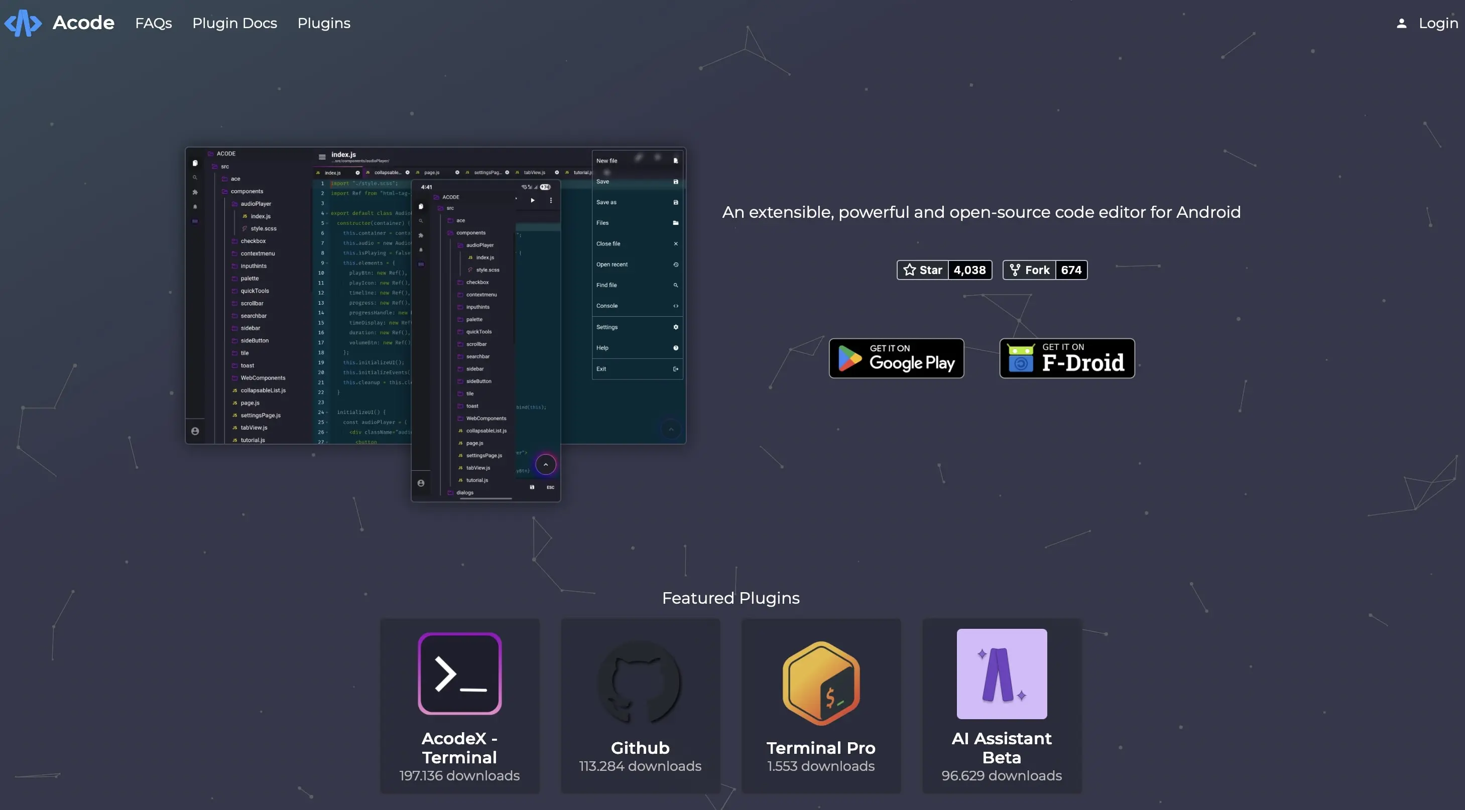 Image: Capture d&rsquo;&eacute;cran de la page d&rsquo;accueil d&rsquo;Acode