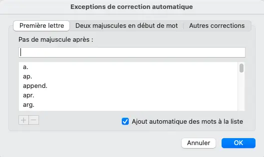 Image: Outlook pour Mac : exceptions de correction automatique