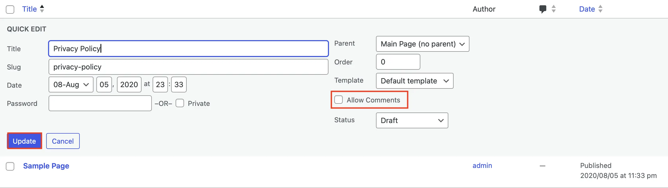 Image: Champ &laquo; Modification rapide &raquo; dans une page avec diff&eacute;rents param&egrave;tres