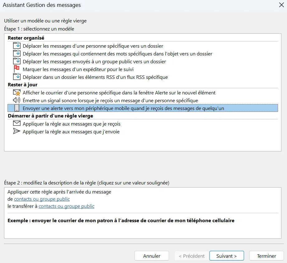 Image: Assistant de règles Outlook : sélection du modèle de règles