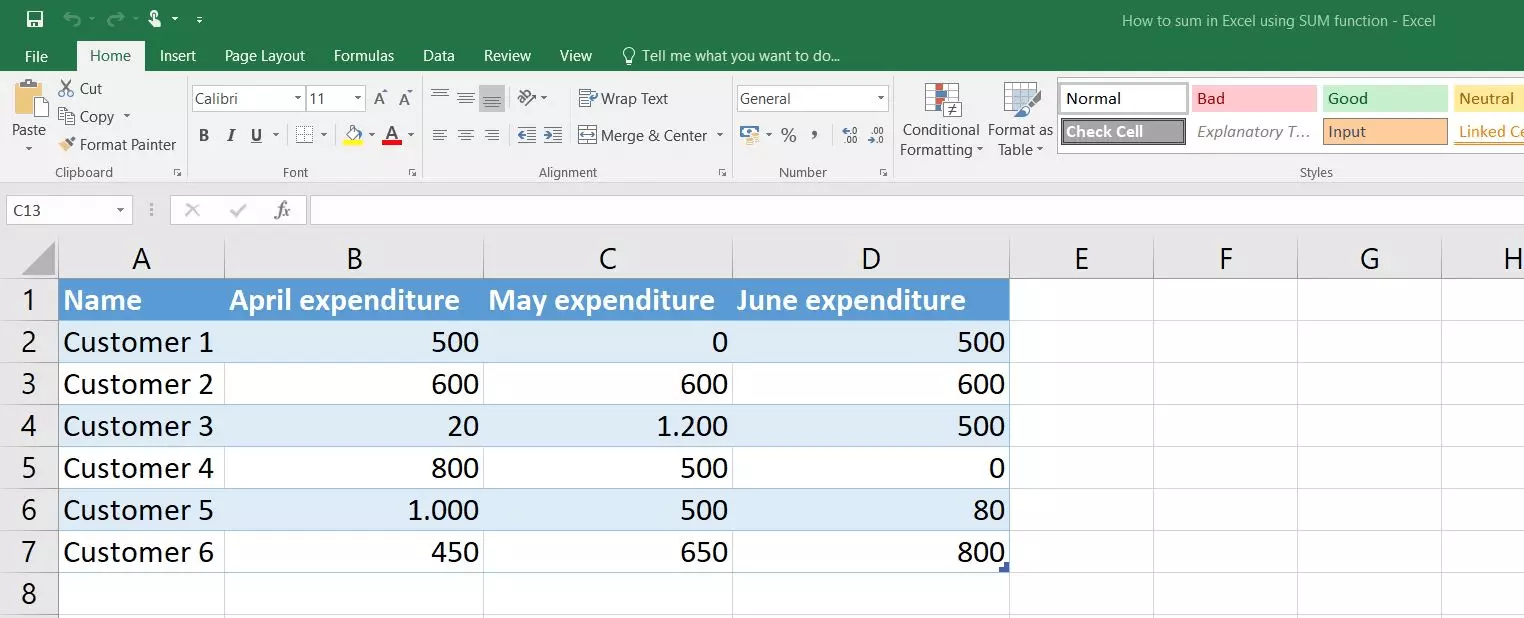 Image: Excel 2016 : tableau avec exemple d’ensemble de données