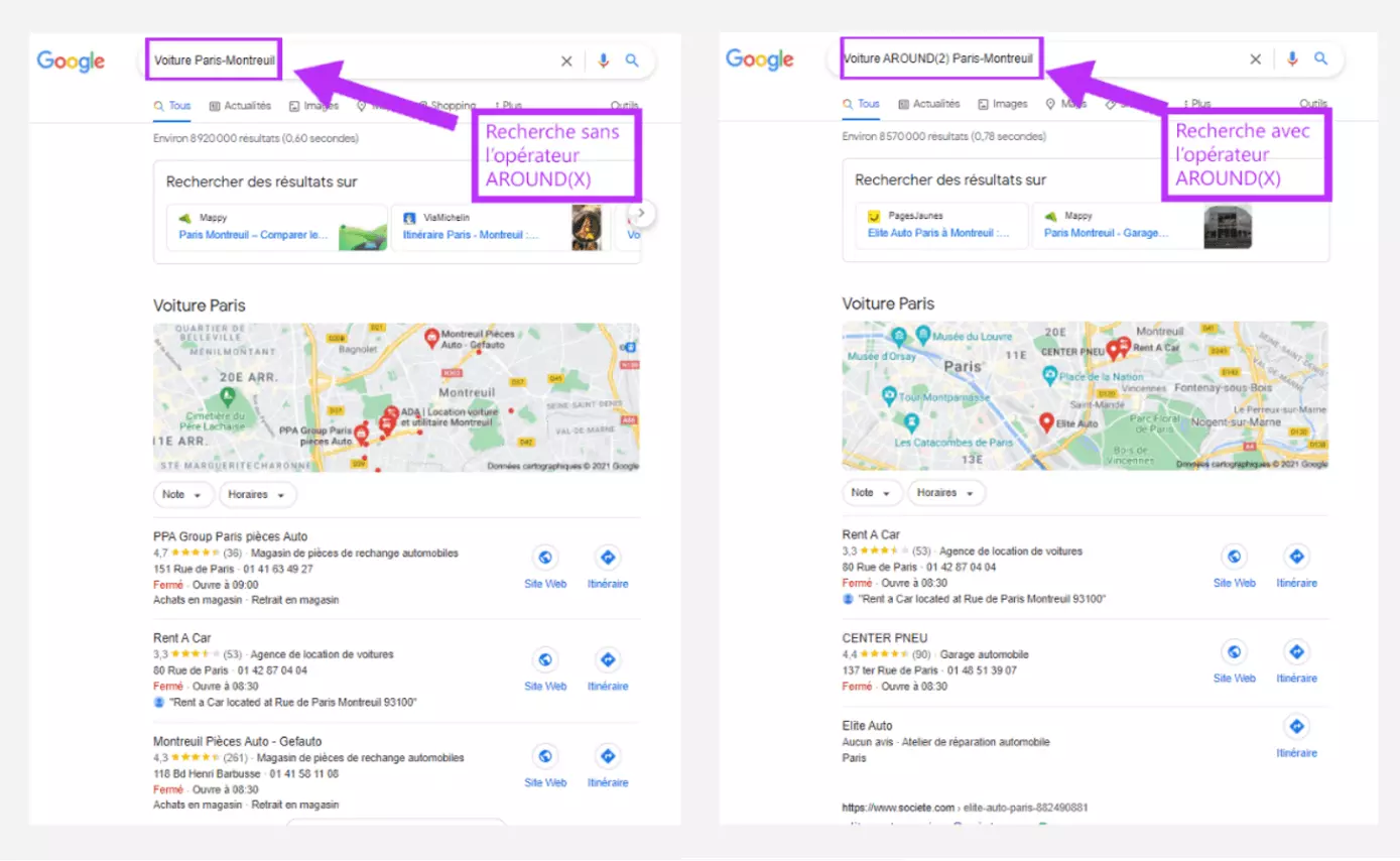 Image: Une recherche Google ayant recours à l’ opérateur Booléen AROUND(X)
