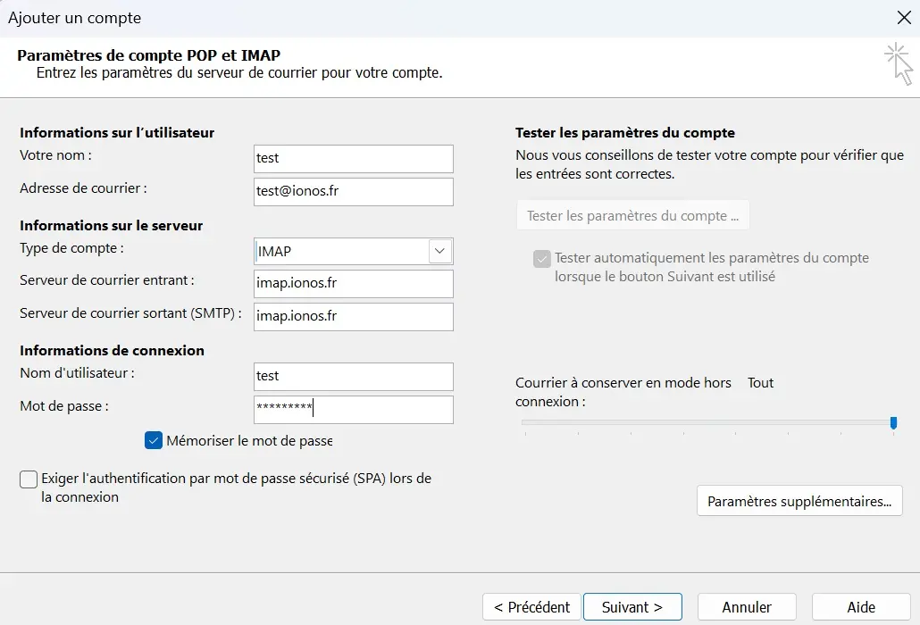 Image: Paramètres de compte POP et IMAP dans Outlook