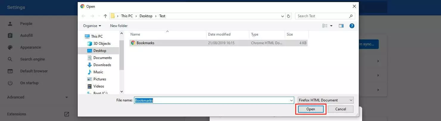 Image: Sélection du fichier HTML via l’explorateur de fichiers