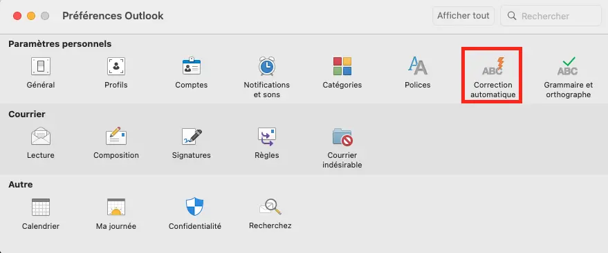 Image: Outlook pour Mac : catégorie « Correction automatique » dans les préférences