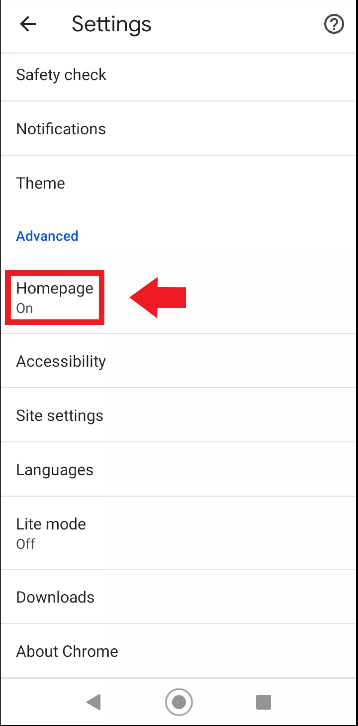 Image: Allez à « Page d’Accueil » dans le menu des paramètres de l’application Chrome.
