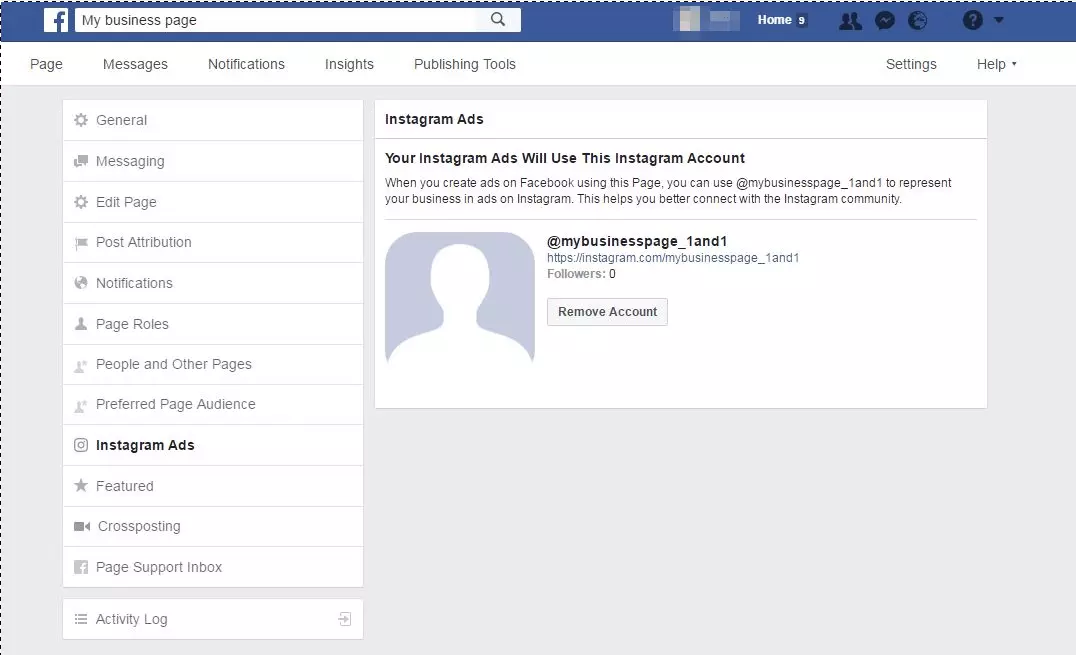 Vue d’ensemble des réglages du compte Instagram dans les paramètres du compte Facebook