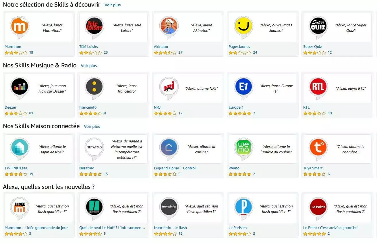 Image: Capture d’écran de la page d’accueil avec les Skills sur amazon.fr