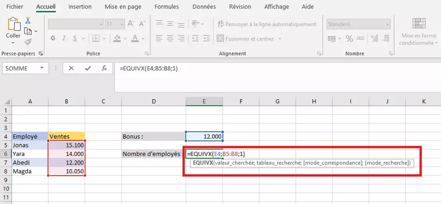 Exemple d’application 2 de la fonction EXQUIVX : réglage de la matrice de recherche