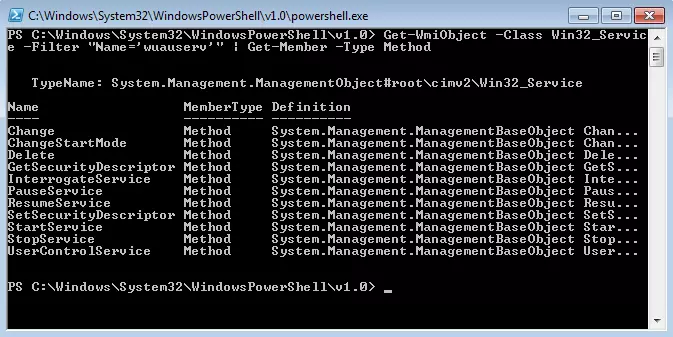 Image: Résultats de la pipeline Get-WmiObject -Machinename -Class Win32_Service -Filter "Name=‘wuauserv’" | Get-Member -Type Method