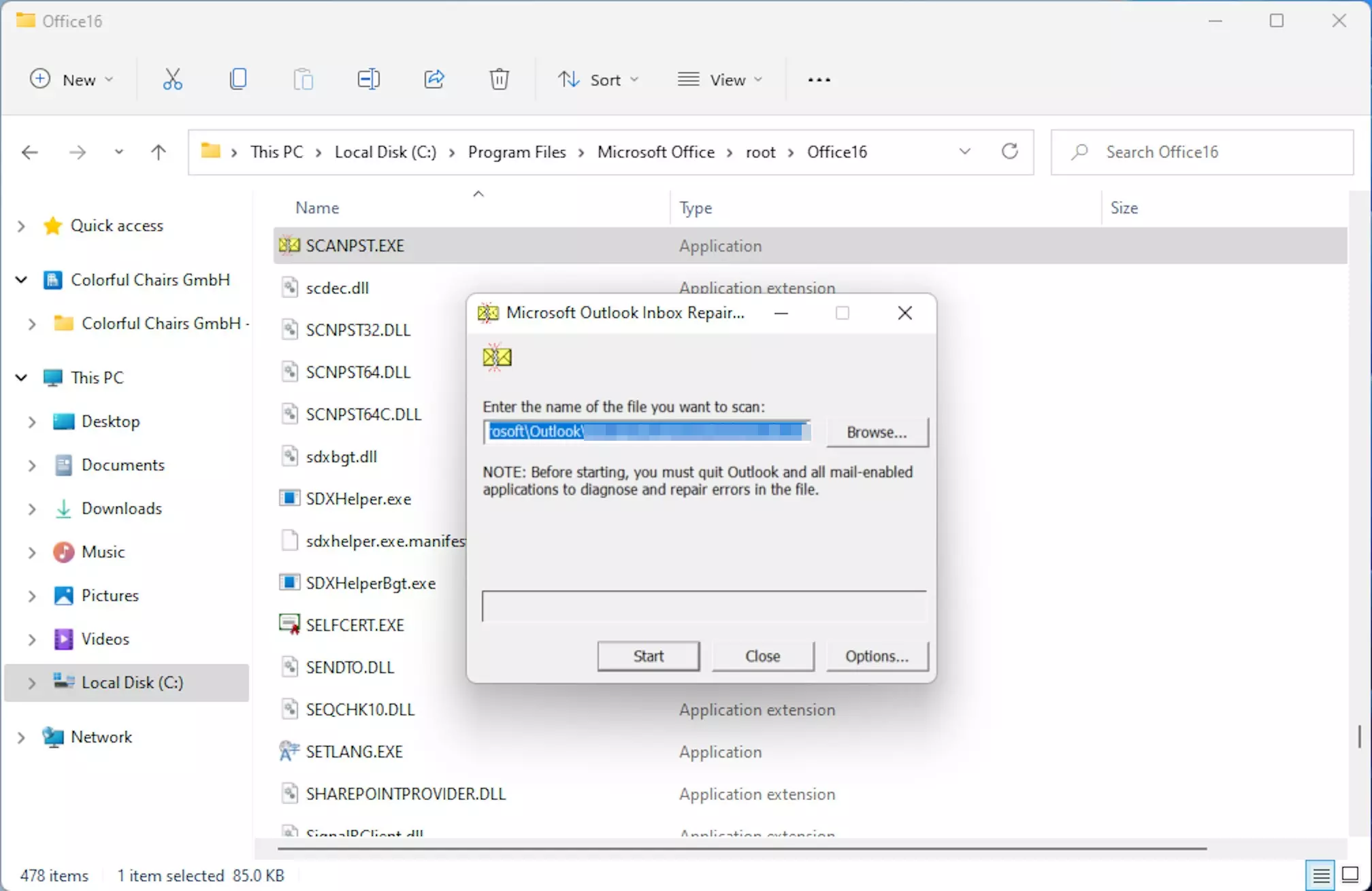 Recherche dans le fichier de dossiers personnels à l’aide de scanpst.exe Recherche dans le fichier de dossiers personnels à l’aide de scanpst.exe