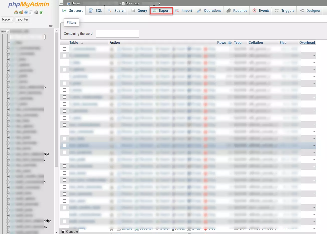 phpMyAdmin – Tableau détaillé de la base de données sélectionnée 