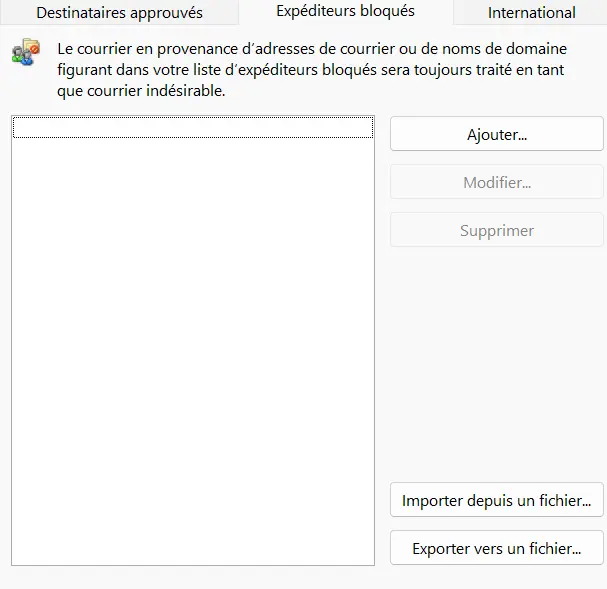 Image: Outlook : liste des expéditeurs bloqués
