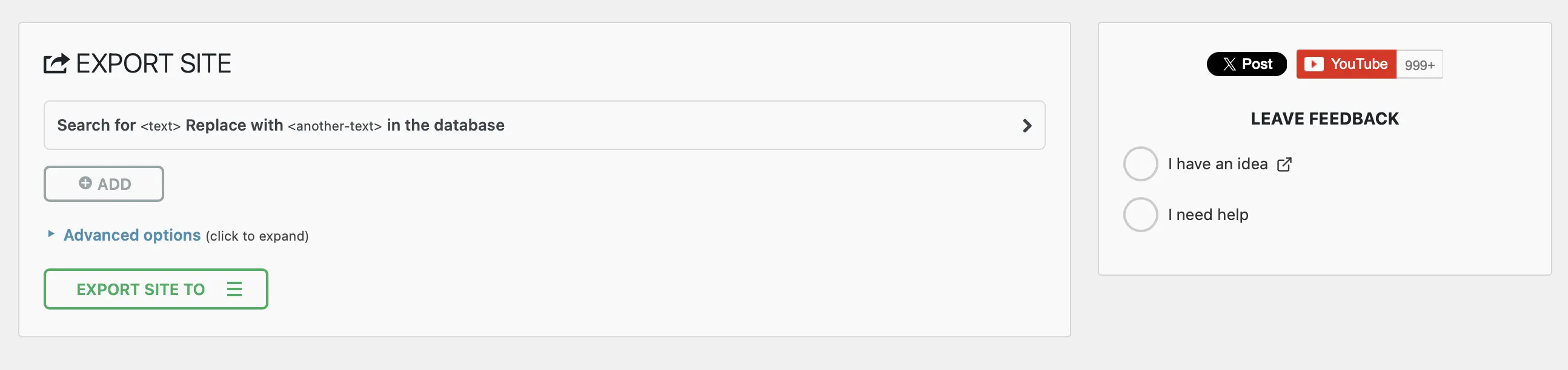 Image: Paramètres d’export du plugin All-in-One WP Migration