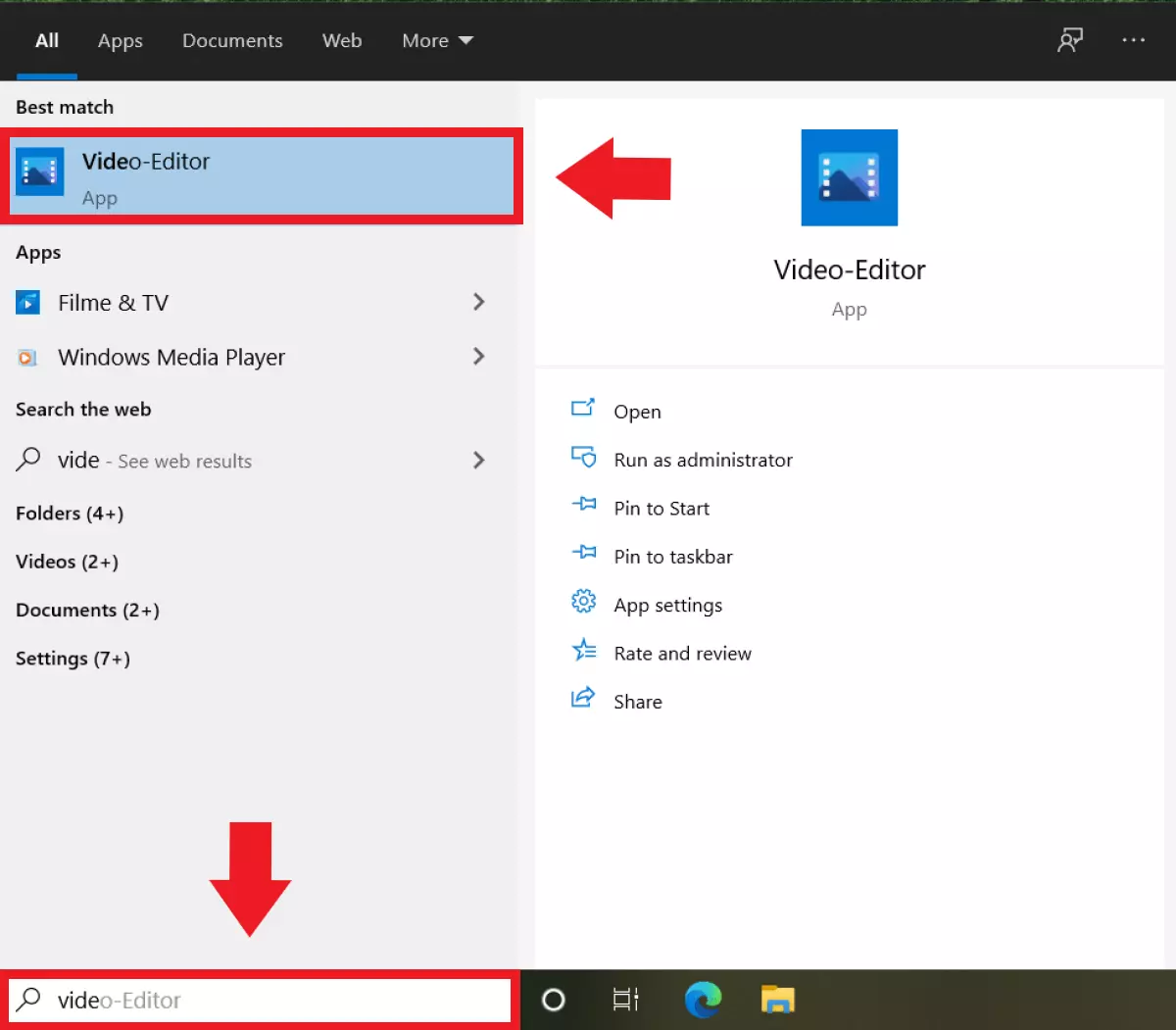 Saisissez « éditeur de vidéo » dans la recherche Windows